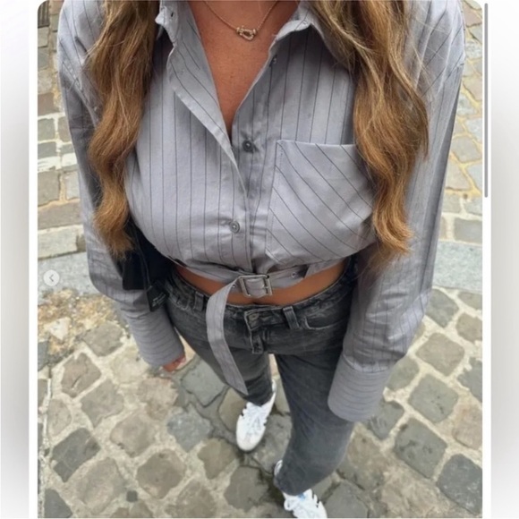 Zara collared crop shirt belted stripe long sleeve flattering dart back NWT rare - Picture 11 of 14